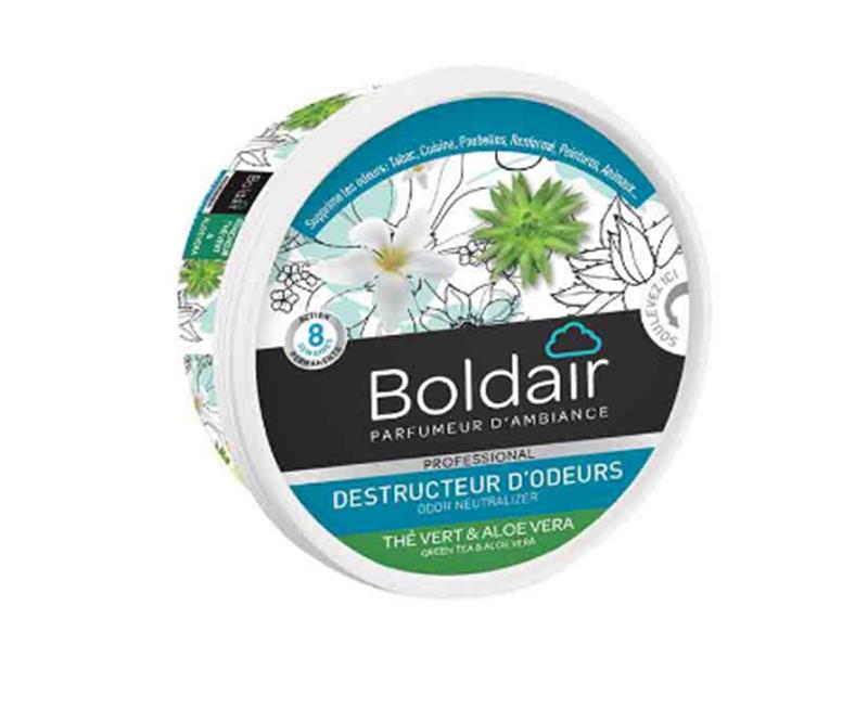 Pot de 300g Gel Destructeur d’Odeurs Boldair fabriqué en France parfum thé vert et aloe vera.