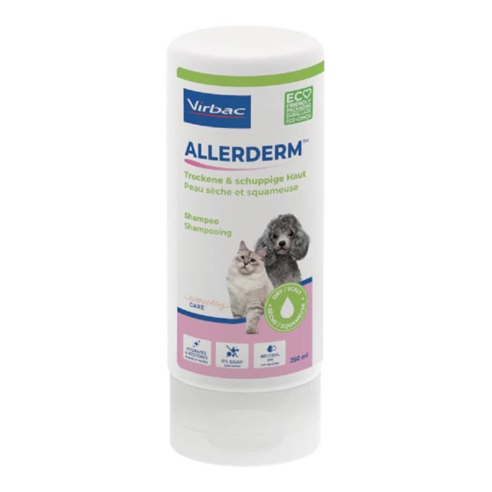 Allerderm Shampooing Peau Sèche 200 ml Virbac – shampooing hydratant et apaisant pour chien et chat à peau sèche ou squameuse.