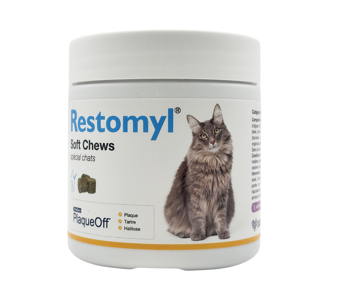 Pot de 60 bouchées tendres bucco-dentaires Restomyl PlaqueOff Soft Chews pour chat.