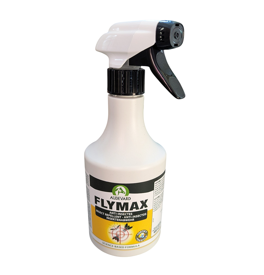 Flacon pulvérisateur blanc de 400 ml de protection anti-insectes Flymax Audevard pour chevaux avec pistolet noir et blanc.