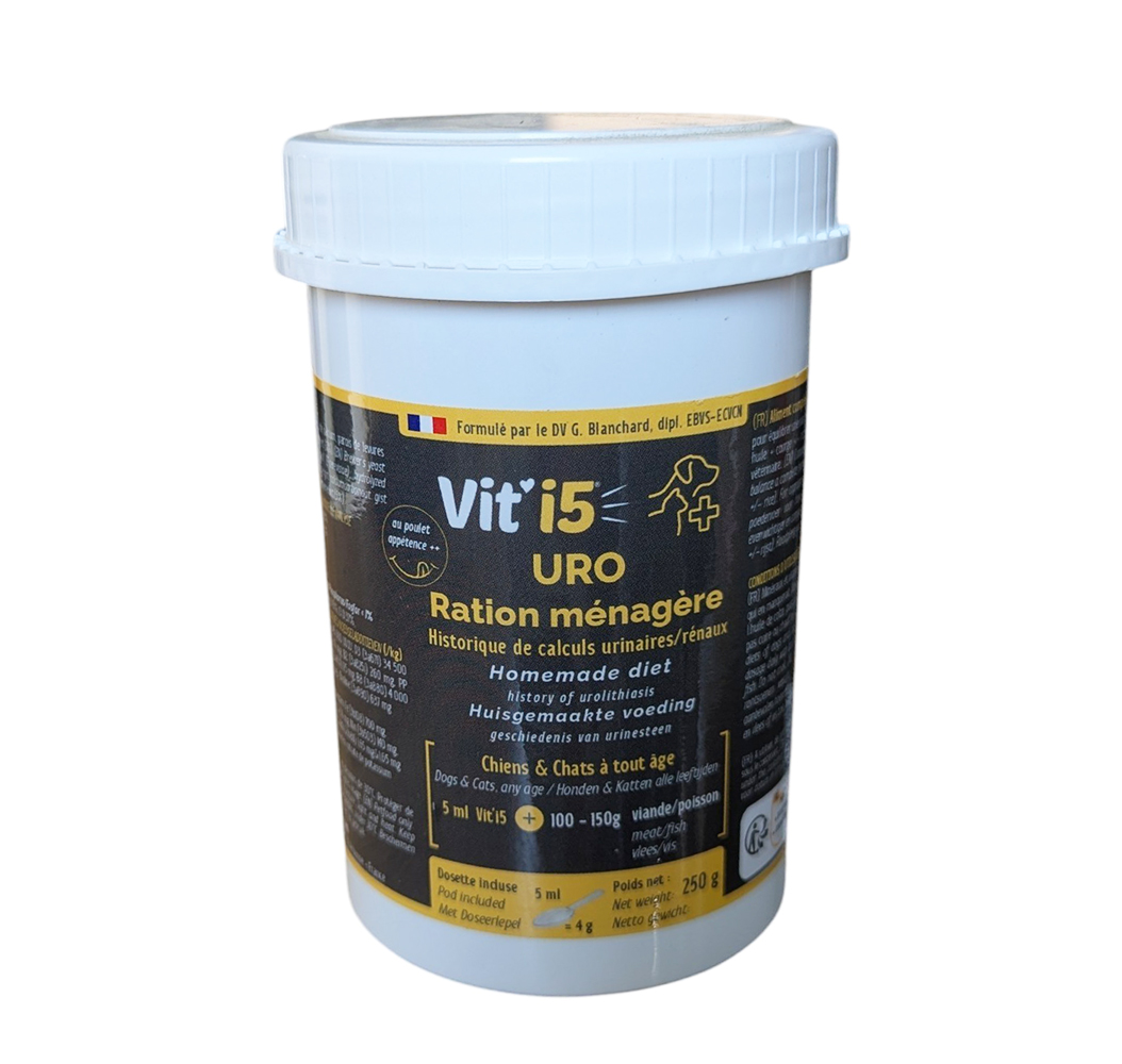 Pot noir et jaune de 250g de Vit'i5 URO Ration Ménagère, complément nutritionnel pour chiens et chats ayant des antécédents urinaires.