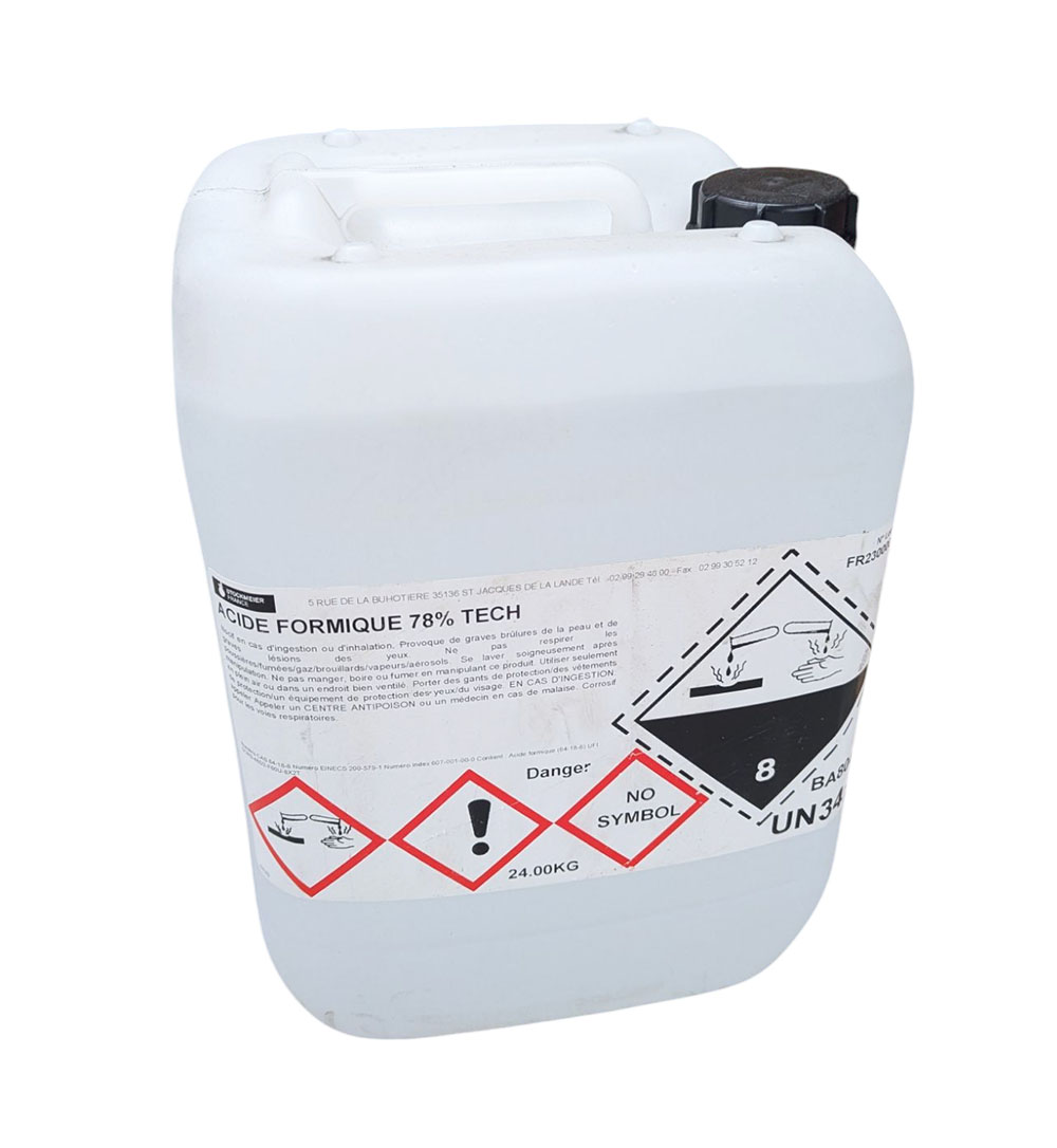 Bidon blanc Acide Formique 78% Tech 24kg - UN 3412 pour usage industriel et agricole.
