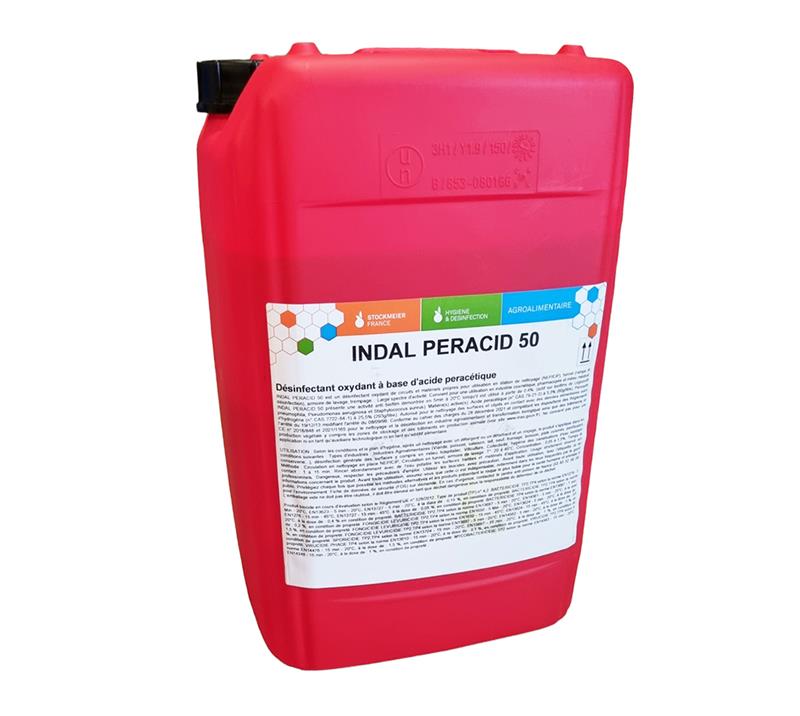 Bidon rouge de 21 kg d'INDAL PERACID 50, désinfectant oxydant professionnel à base d'acide péracétique pour l'agroalimentaire.