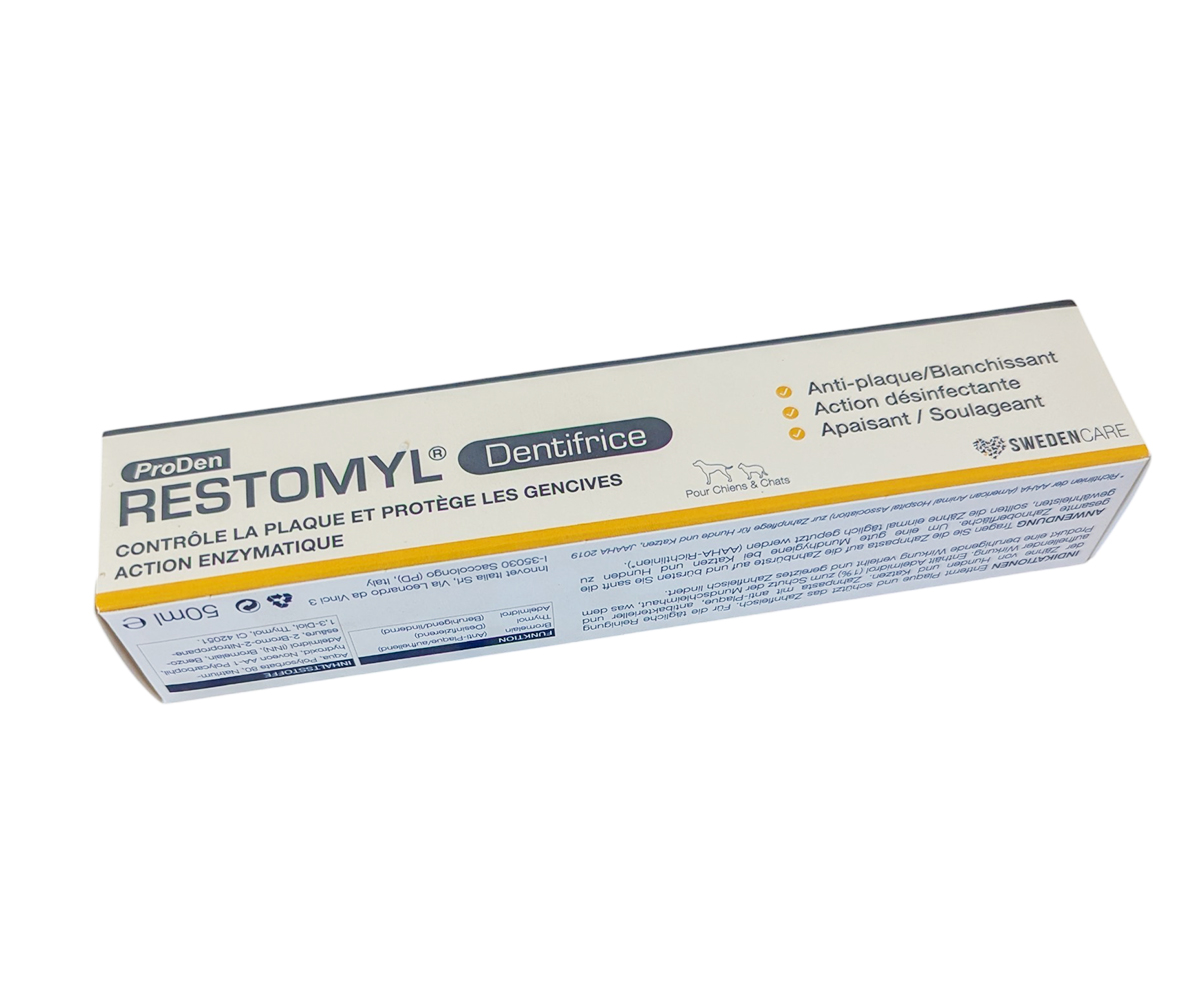 Proden Restomyl Dentifrice 50 ml – Soin dentaire pour chiens et chats, réduit la plaque et rafraîchit l’haleine.