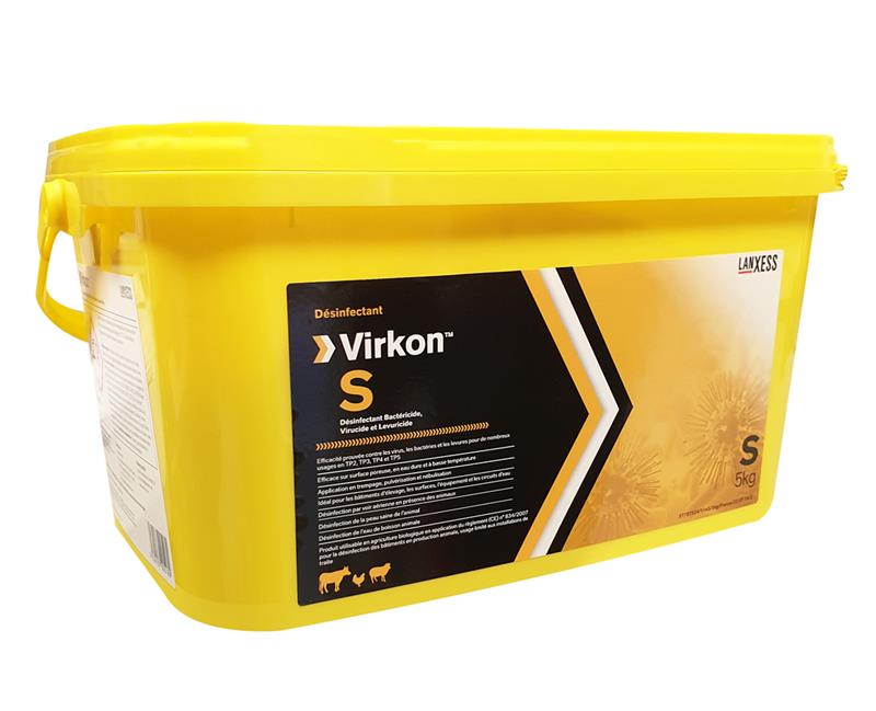 Seau jaune de 5 kg de désinfectant Virkon S LANXESS, solution virucide et bactéricide pour élevages et cabinets vétérinaires.