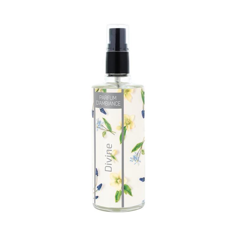 Flacon vaporisateur transparent de 125 ml de parfum d'ambiance Vapolux Divine, illustré de délicates fleurs printanières jaunes et bleues.