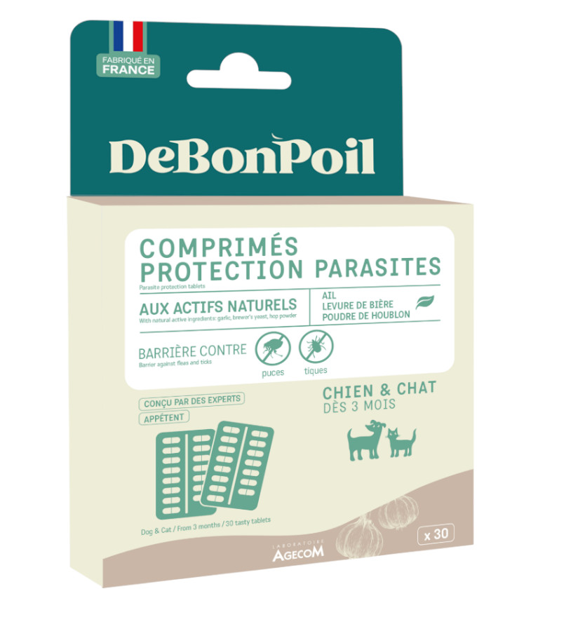 Boîte comprimés protection parasites DeBonPoil chien chat ail levure bière houblon.