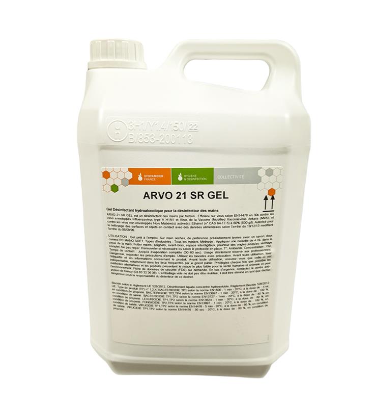 Bidon 5L gel hydroalcoolique ARVO 21 SR désinfectant mains virucide EN 14476.