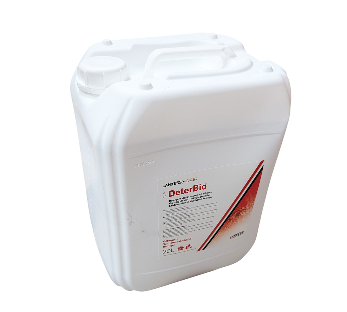 Bidon 20L DeterBio® LANXESS détergent alcalin moussant pour nettoyage élevage bio.