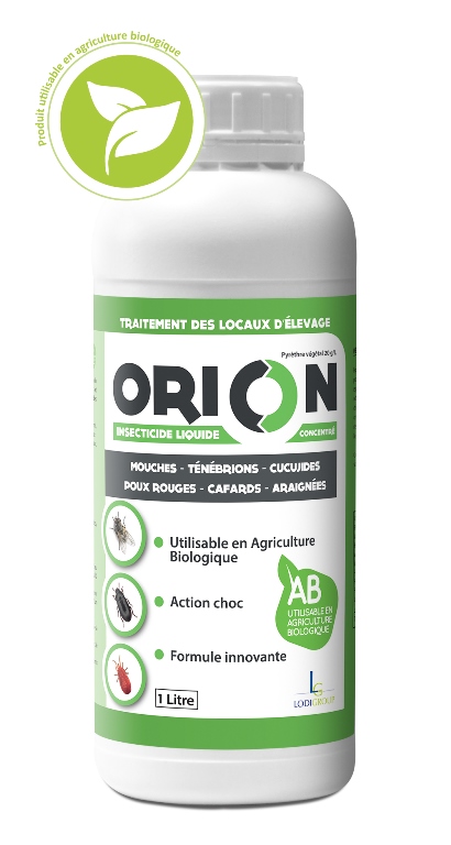 Flacon blanc de 1 Litre d'insecticide liquide concentré Orion NG pour locaux d'élevage utilisable en agriculture biologique