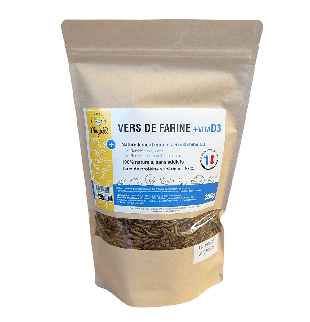 Sachet de vers de farine MAG D3 200 g, aliment naturel riche en protéines et vitamine D3 pour oiseaux, reptiles et hérissons.