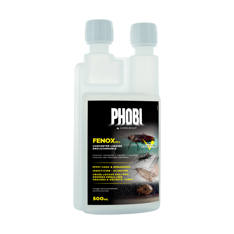 Flacon doseur de 500 ml d'insecticide professionnel Phobi FENOX EC+ avec étiquette noire et jaune, illustrant une blatte et une mouche.
