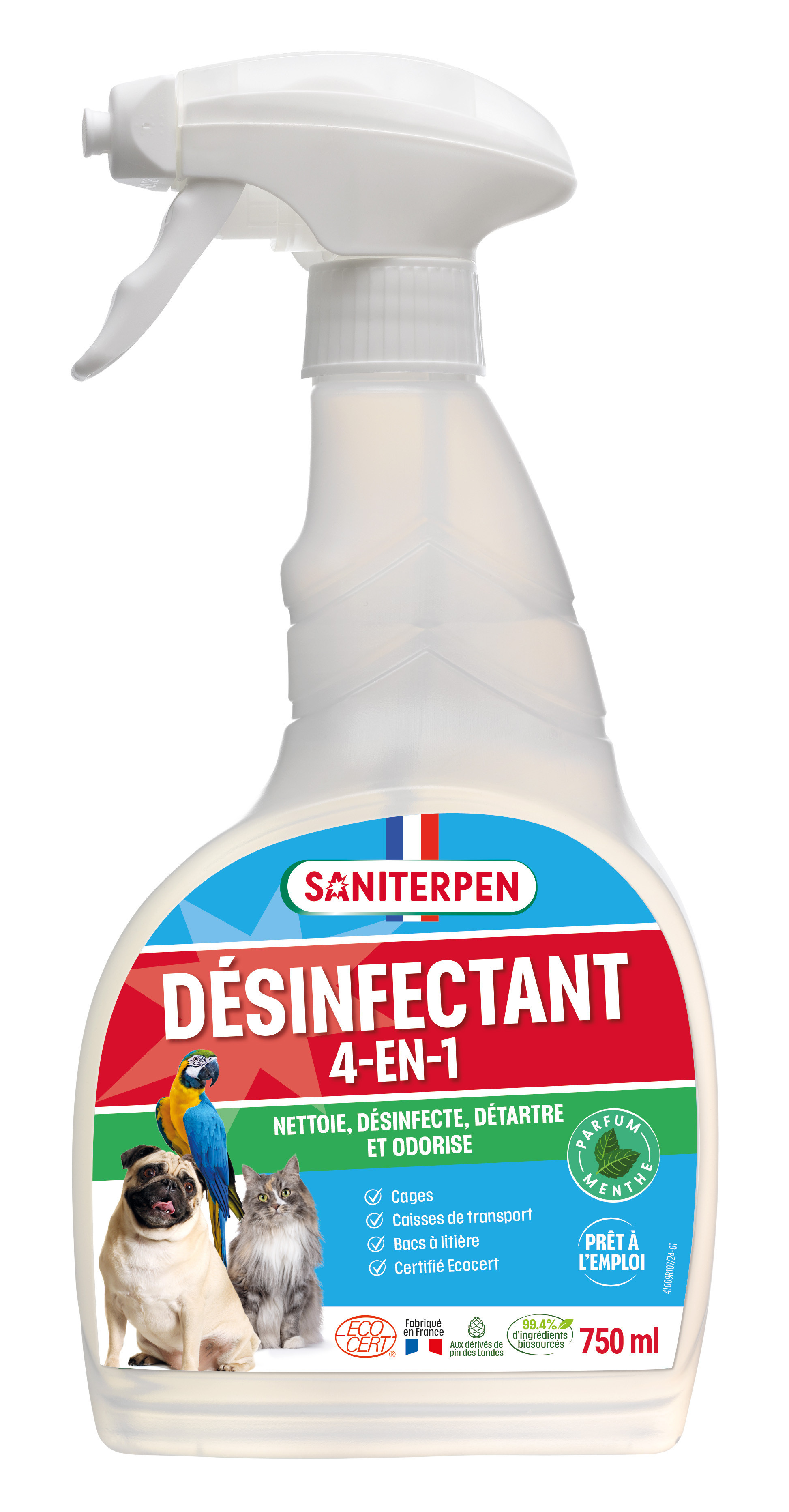 Flacon spray de 750 ml Saniterpen Désinfectant 4 en 1 prêt à l'emploi au parfum de menthe avec illustrations d'un chien, d'un chat et d'un perroquet.