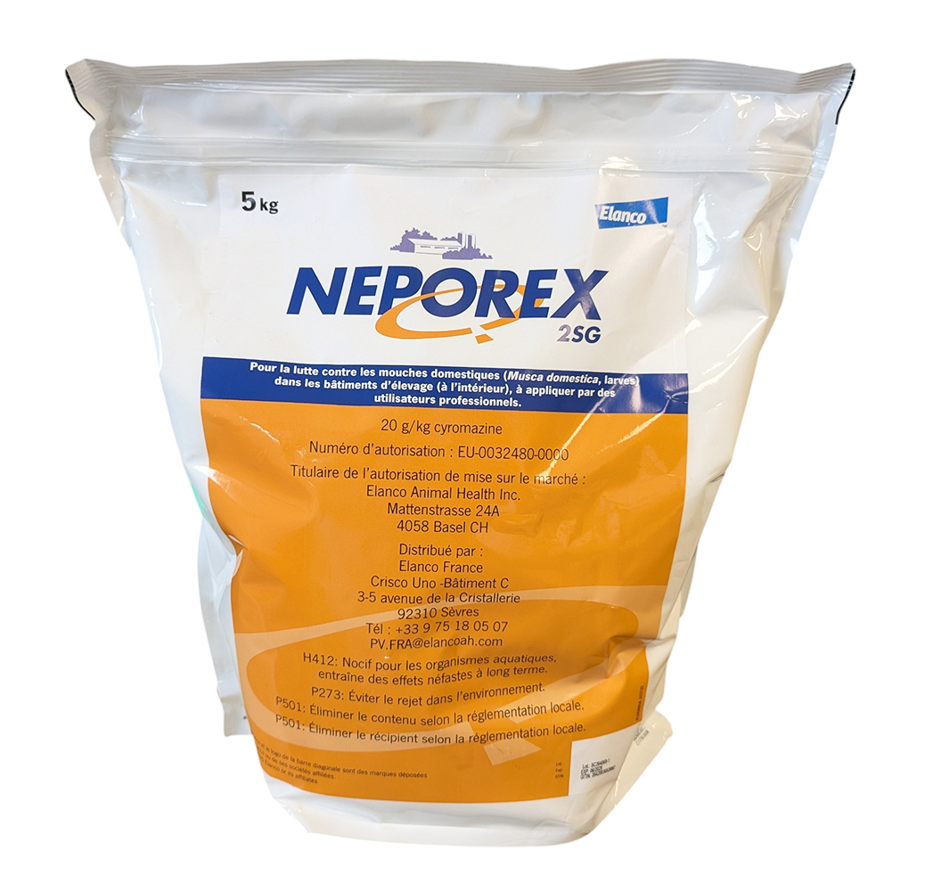 Sac de 5 kg de NEPOREX Elanco, insecticide larvicide pour le contrôle des mouches dans le fumier et le lisier.