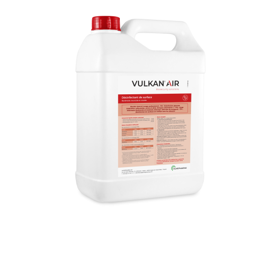 Bidon en plastique blanc de 5 Litres de désinfectant de surface et de l'air Vulkan Air pour bâtiments d'élevage avec bouchon rouge.