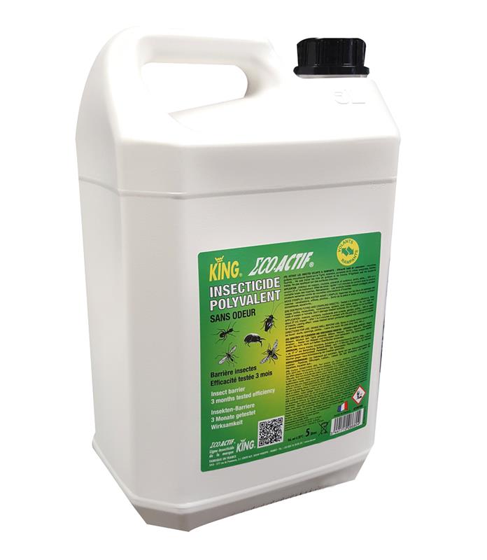 Bidon blanc de 5L d'insecticide polyvalent King ECO-ACTIF, solution sans odeur pour insectes volants et rampants.
