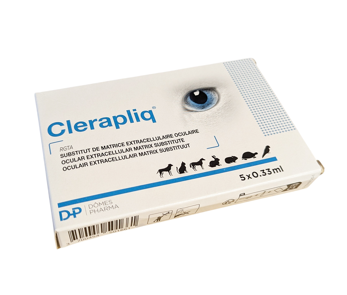 Boîte de 5 unidoses stériles de Clerapliq TVM, substitut de matrice extracellulaire oculaire pour chiens, chats, chevaux et NAC.