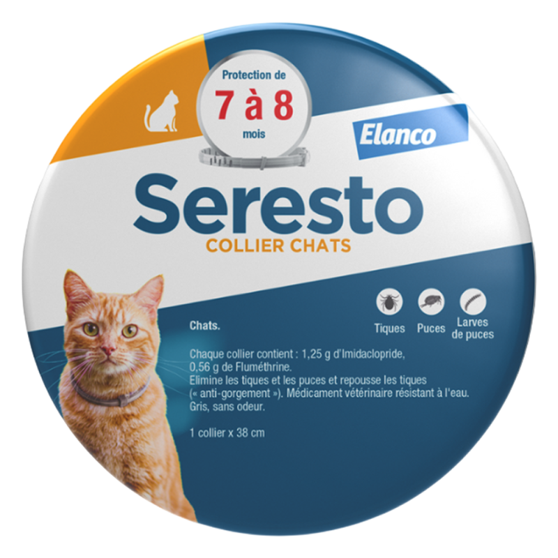 Boîte ronde de Collier Seresto pour chat, offrant 8 mois de protection contre les tiques, les puces et leurs larves.