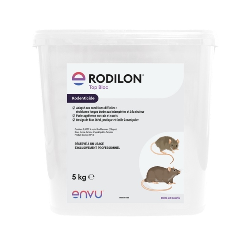Seau blanc de 5 kg de Rodilon TOP BLOC ENVU, rodenticide professionnel au Brodifacoum pour rats et souris.