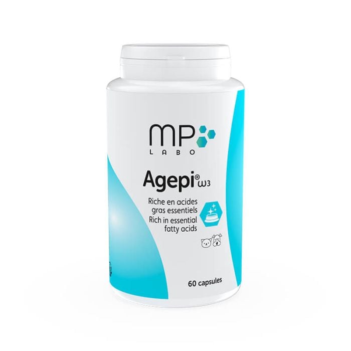 Pot de Agepi Omega 3 MP Labo 60 capsules, complément riche en oméga-3 et oméga-6 pour chien et chat, soutien peau et articulations.