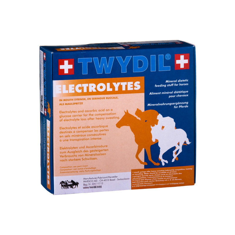 Seringue orale de 50g de pâte réhydratante Twydil Electrolytes enrichie en vitamine C pour cheval.