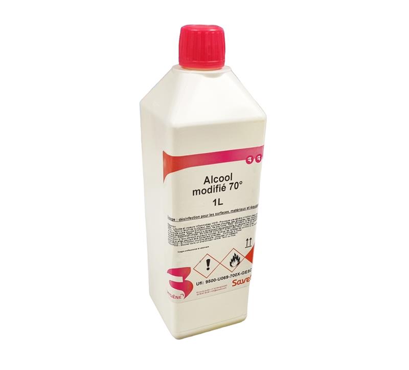 Bidon de 1L d'Alcool modifié 70° Savetis pour la désinfection des peaux saines, surfaces et équipements.