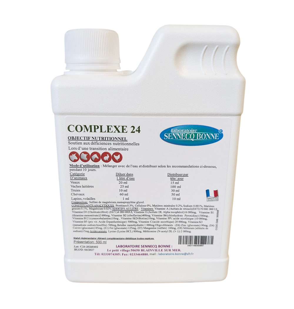 Flacon gris de COMPLEXE 24 500 ml du Laboratoire Sennelco Bonne, tonique physiologique multivitaminé pour volailles, lapins, bovins et porcins, stimulant la vitalité et la croissance.