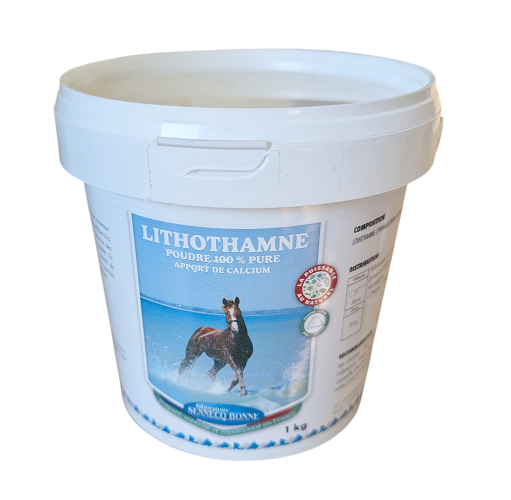 Seau blanc de 1 kg de poudre pure de Lithothamne pour l'estomac et les os des chevaux par le laboratoire Sennécq'bonne.