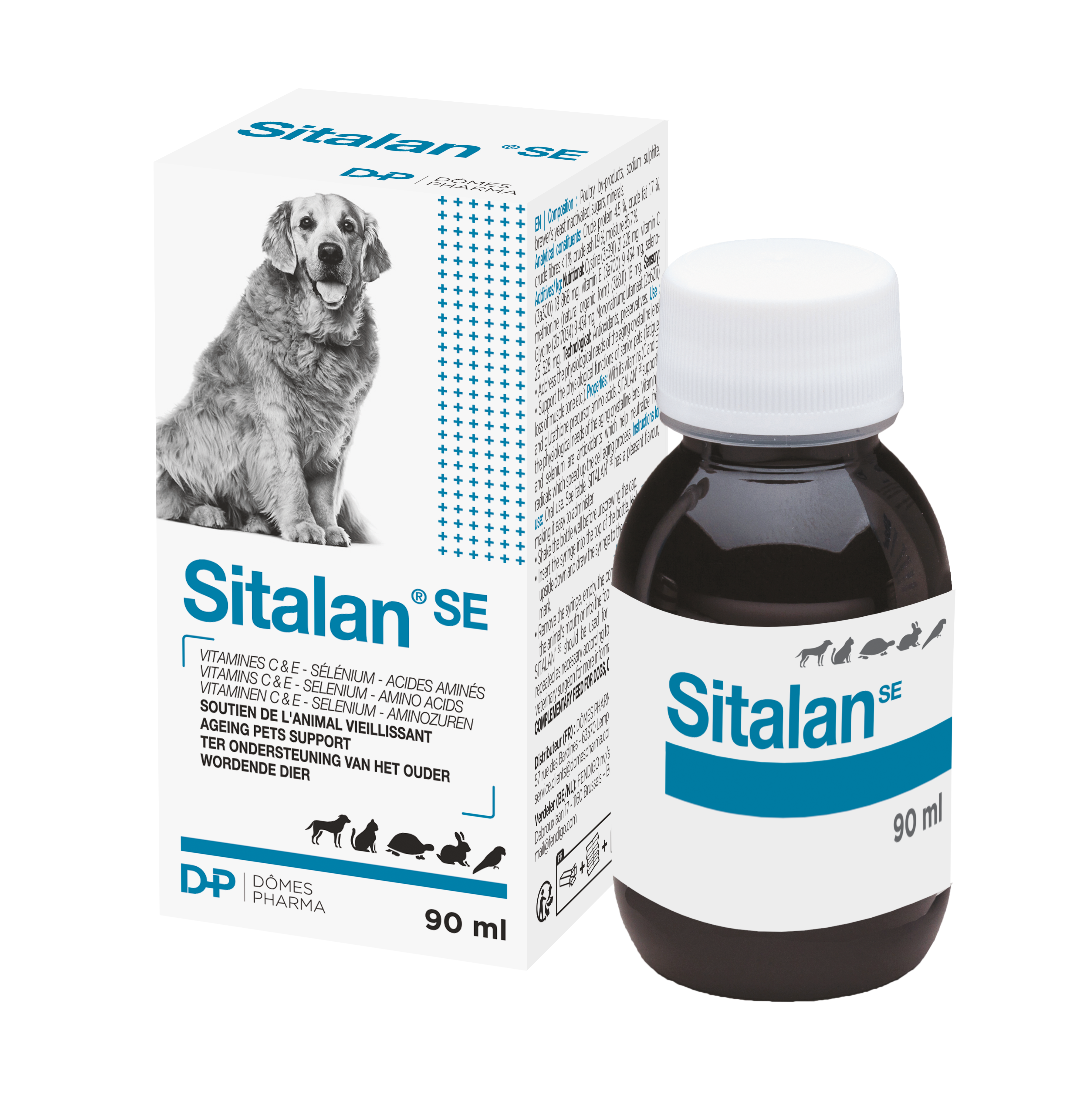 Flacon de 90 ml et boîte de Sitalan SE Sirop suspension buvable par TVM Lab, complément antioxydant pour chien et chat âgé.