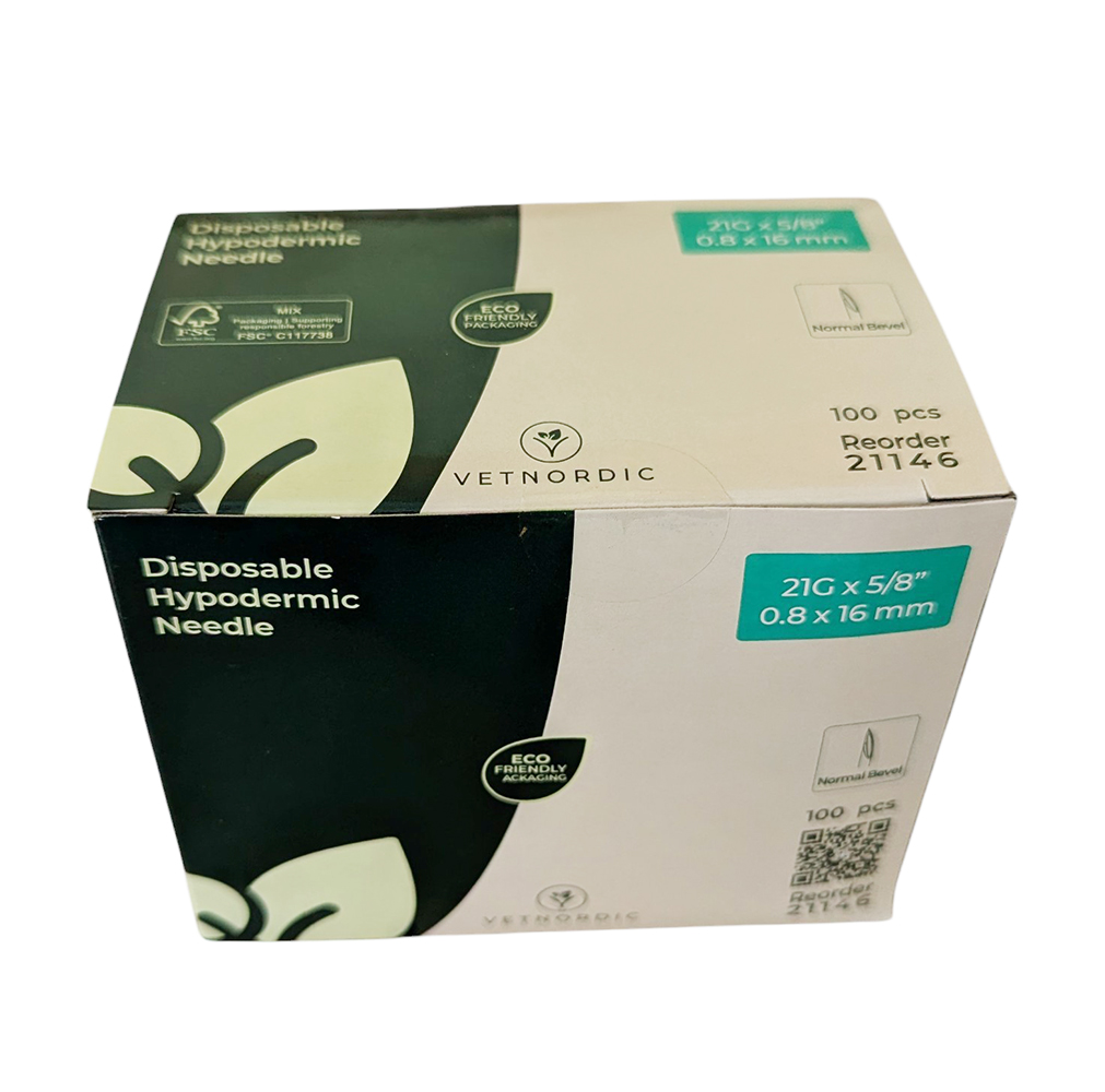 Boîte de 100 aiguilles hypodermiques VetNordic 21G Verte 16mm, pour volailles et porcelets.