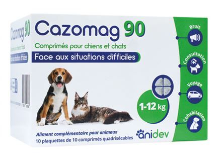Boîte de CAZOMAG 90 Anidev contenant 100 comprimés apaisants pour chiens et chats pesant entre 1 et 12 kg.