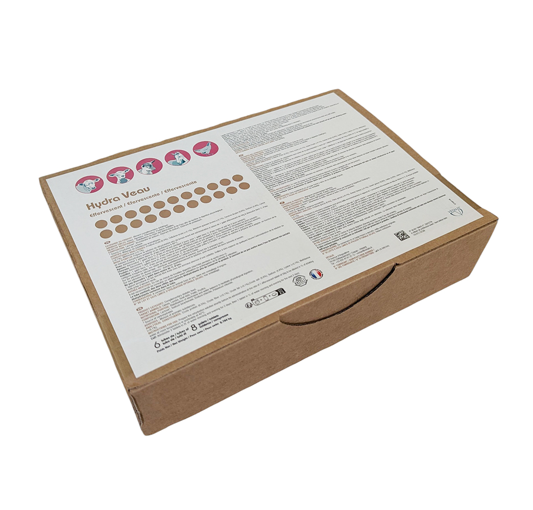 Hydra Veau Effervescent 6 tubes – galets réhydratants pour veaux, riches en électrolytes et glucose pour prévenir la déshydratation.