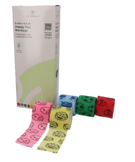 Bande cohésive Happy Flex VetNordic 5cm motifs smileys couleurs assorties.
