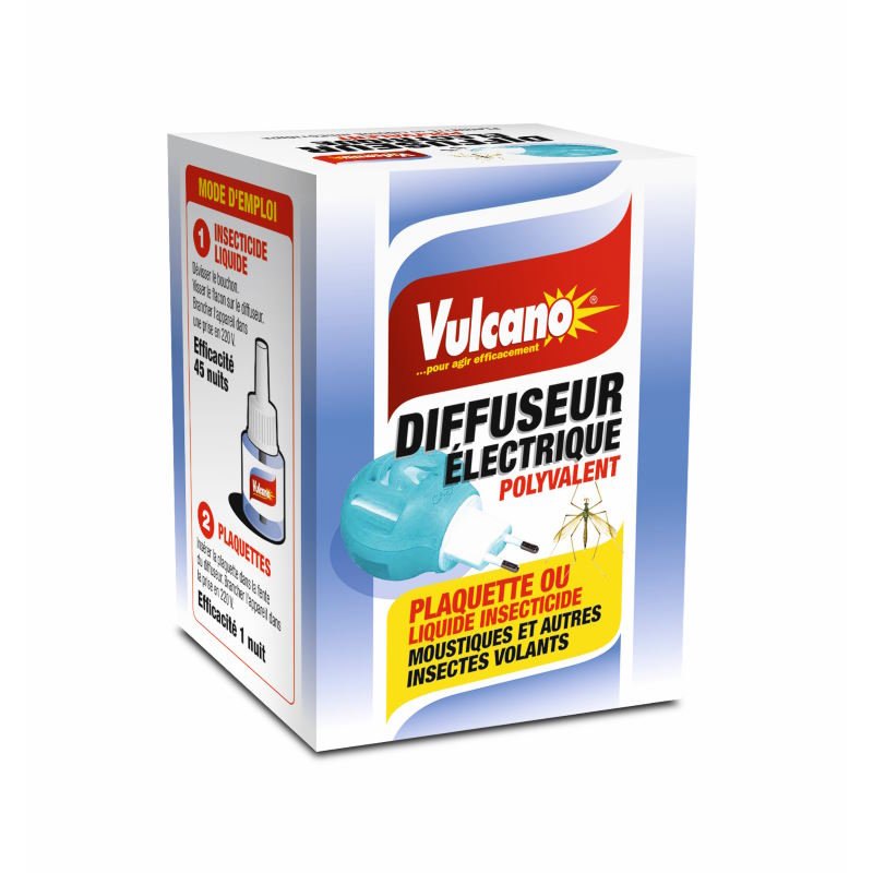 Boîte du Diffuseur Électrique Polyvalent Vulcano, compatible plaquettes ou liquide, efficace 45 nuits contre les moustiques.