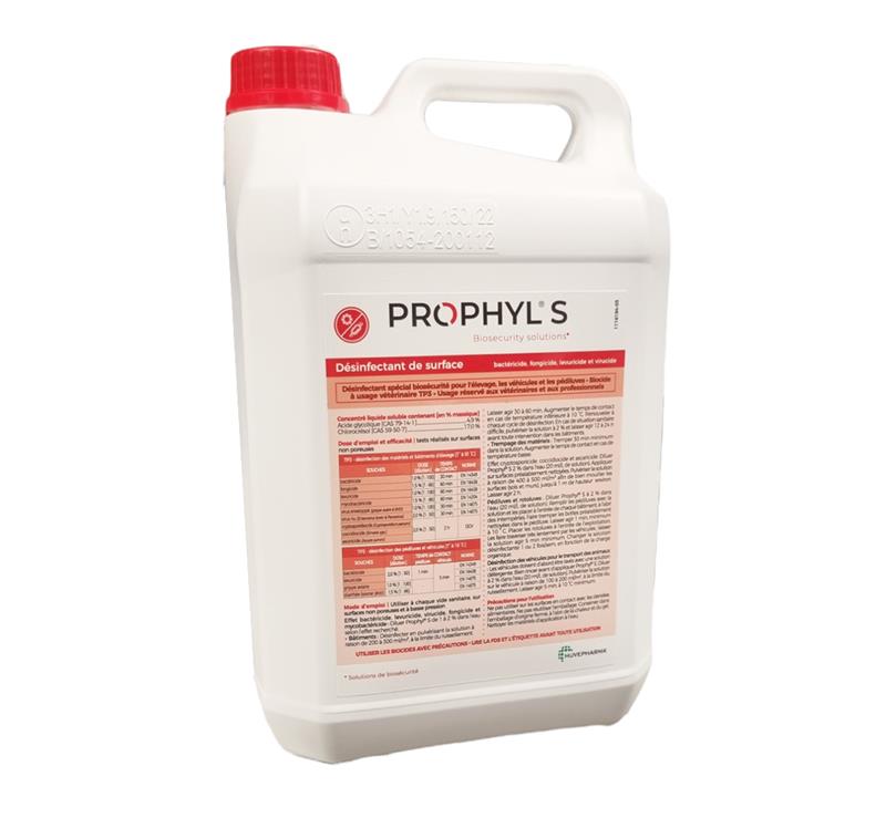 Bidon blanc de 5 litres de désinfectant Prophyl S de Huvepharma avec bouchon rouge, étiquette détaillée sur l'efficacité virucide et oocysticide.