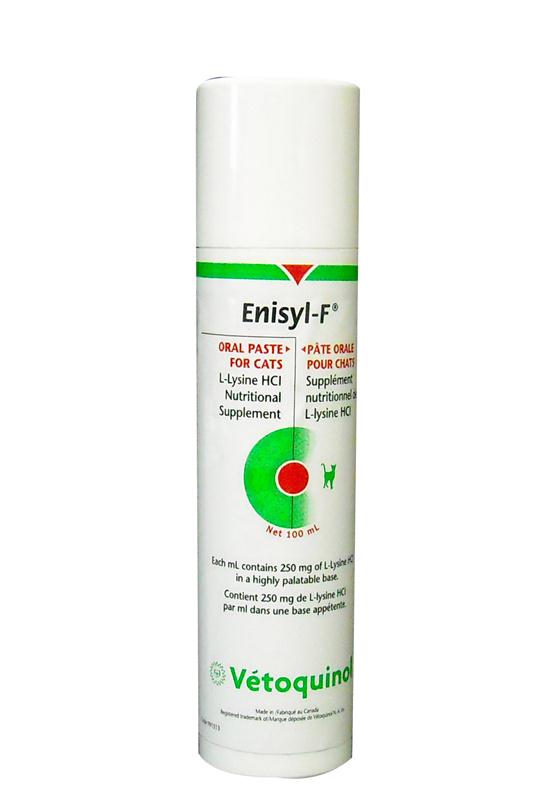 Flacon pompe de 100 ml d'Enisyl-F Vétoquinol, pâte orale appétente à la L-Lysine pour le soutien nutritionnel des chats atteints d'herpès virose.