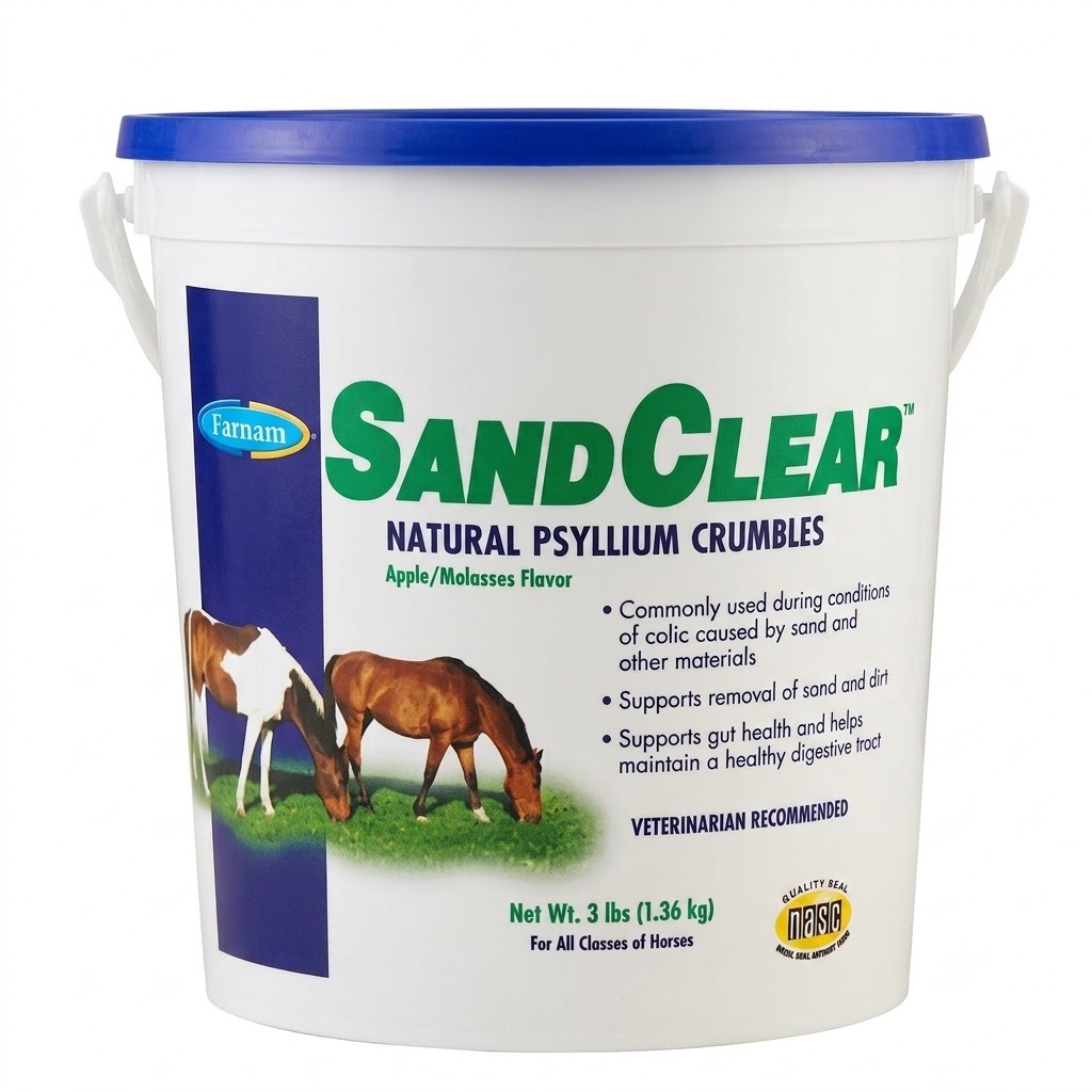 Seau blanc de 1,36 kg de granulés de psyllium Sand Clear 99 Farnam pour l'évacuation du sable chez le cheval.
