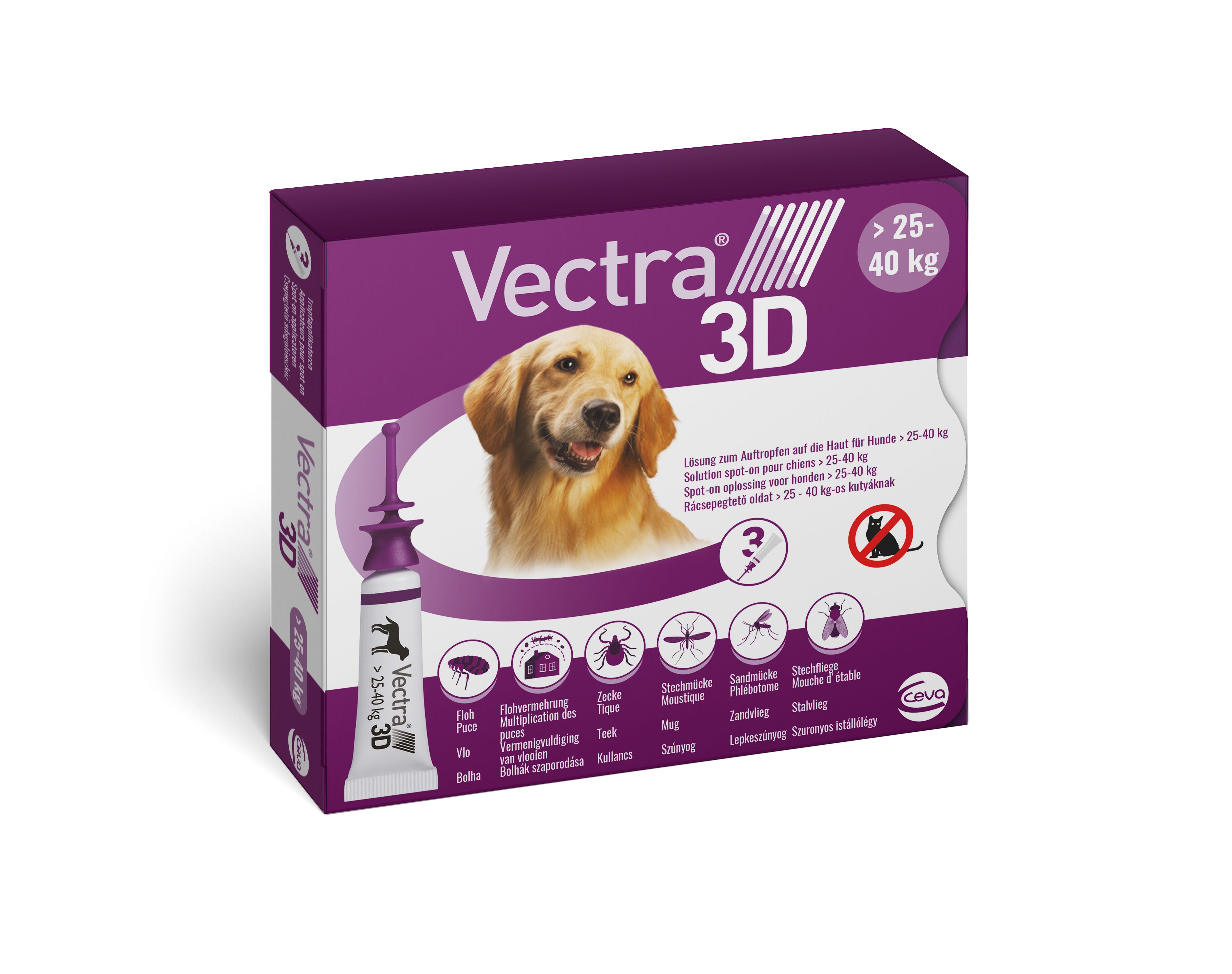 Vectra 3D Chien 25–40 kg – pipettes antiparasitaires contre puces, tiques, moustiques et phlébotomes, protection 1 mois