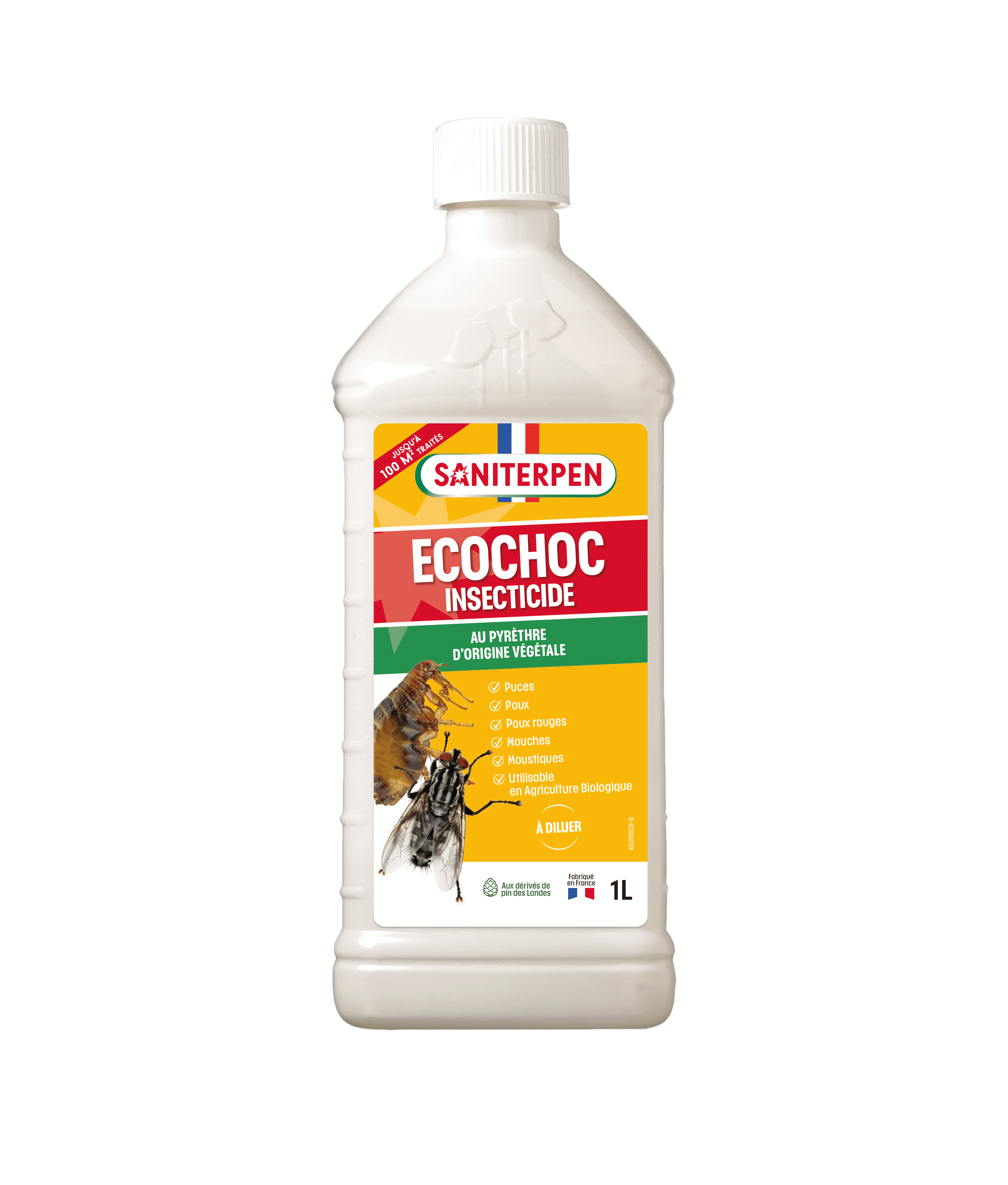 Flacon blanc de 1 Litre de Saniterpen Insecticide Écochoc concentré aux pyrèthres végétaux avec illustrations de pou rouge et de mouche.
