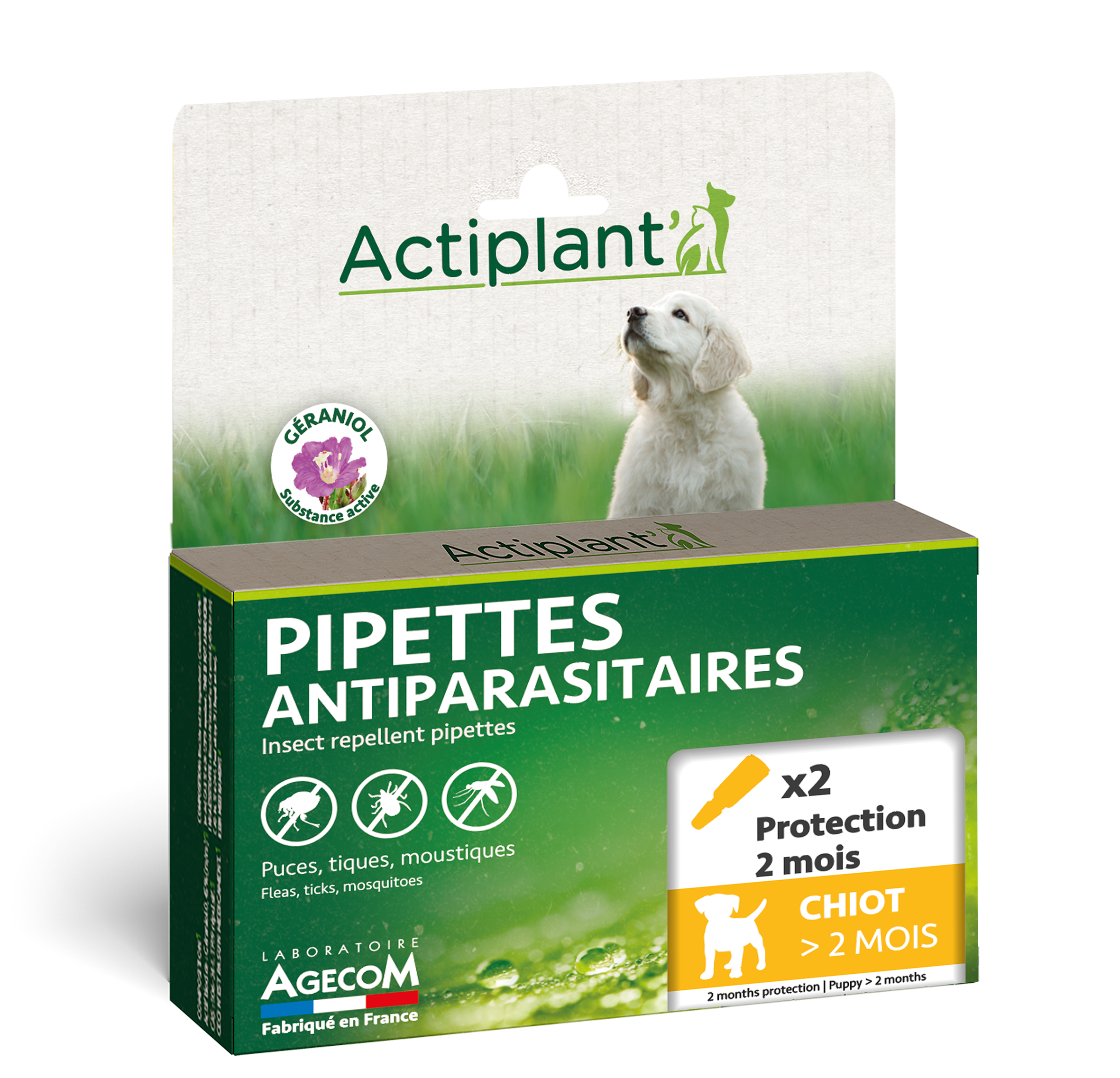 Boîte 2 pipettes antiparasitaires Actiplant chiot plus de 2 mois géraniol naturel.
