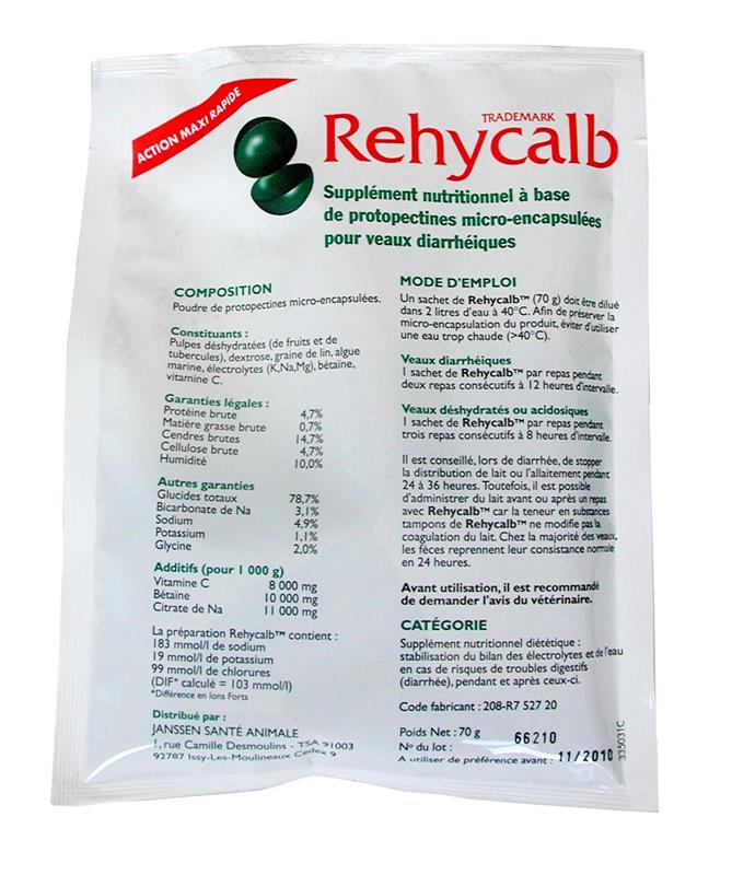 Boîte en plastique transparent avec couvercle vert de Rehycalb Elanco, contenant 28 sachets de 70 g de solution réhydratante pour veaux.