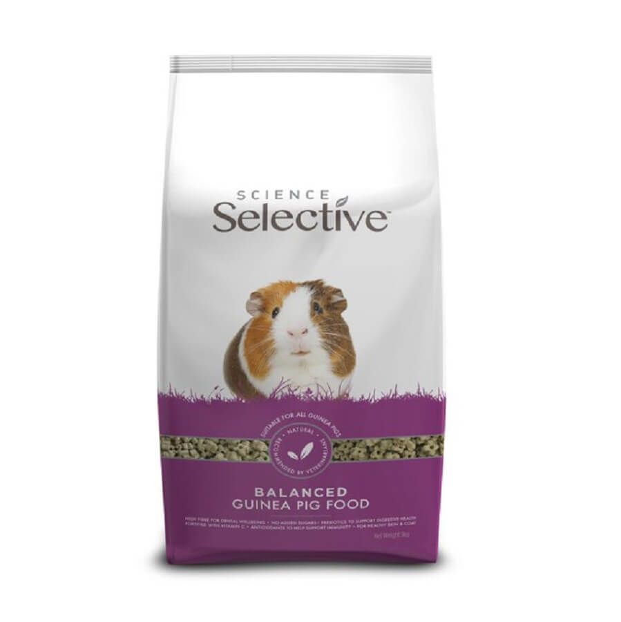 Sachet de 3 kg d'extrudés Supreme Science Selective Cochon d'Inde avec visuel de cobaye tricolore.