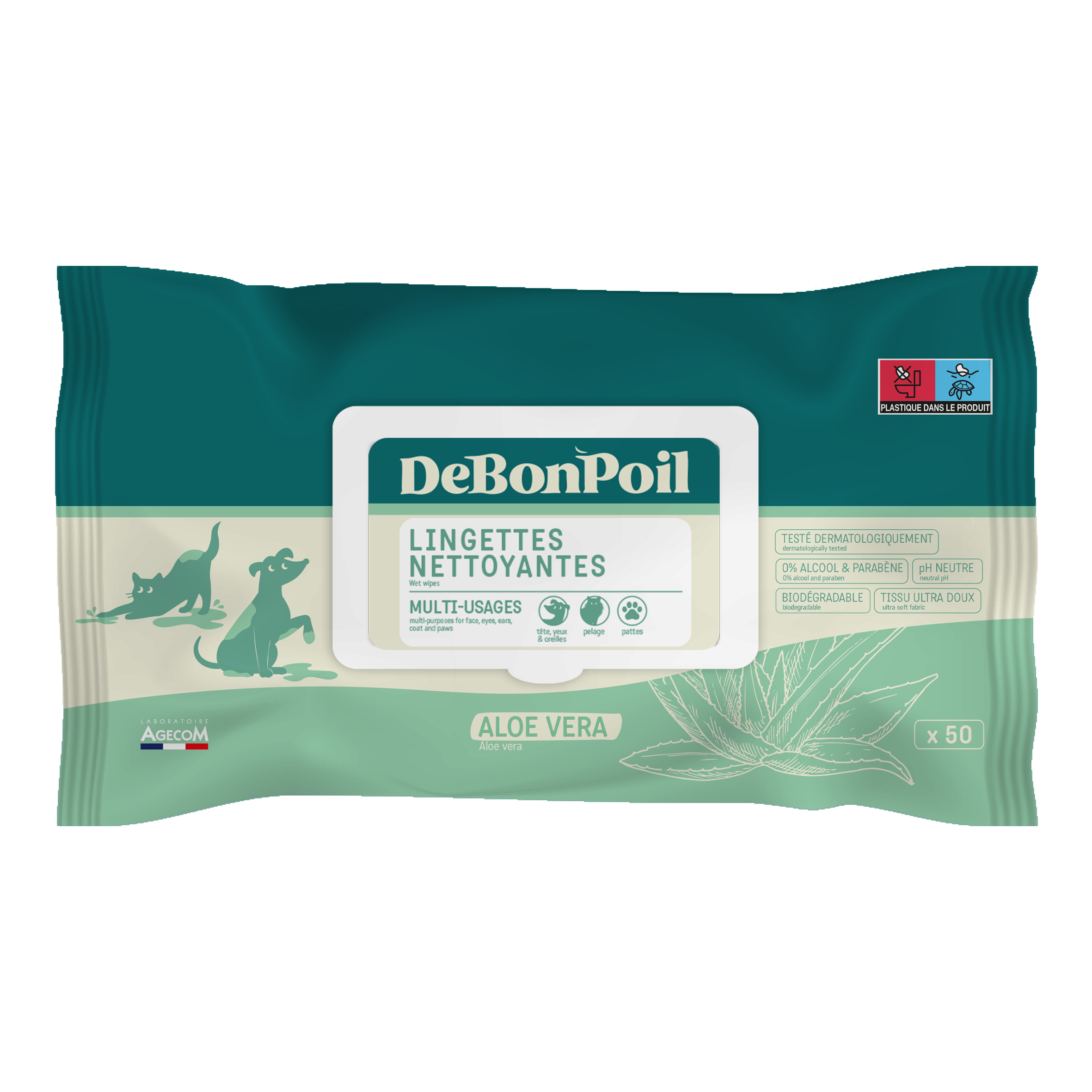 Paquet de 50 lingettes nettoyantes DeBonPoil à l'Aloe Vera pour chien et chat soin hydratant