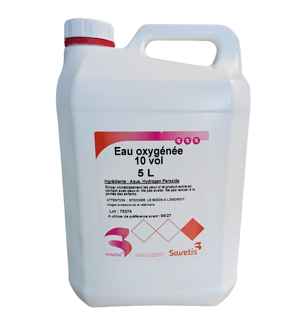 Bidon blanc de 5 litres d'Eau oxygénée 10 volumes Savetis pour usages professionnels et vétérinaires.