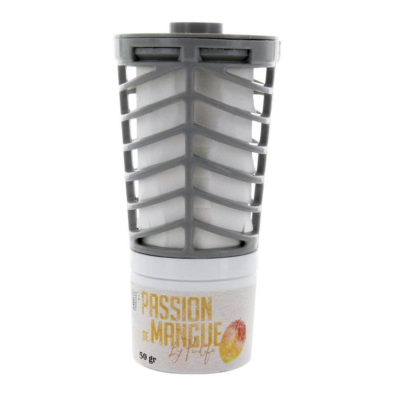 Recharge de parfum Prowind Passion Mangue par Prodifa, diffuseur de 50g à structure grise ajourée libérant des notes de mangue et de fruits de la passion.