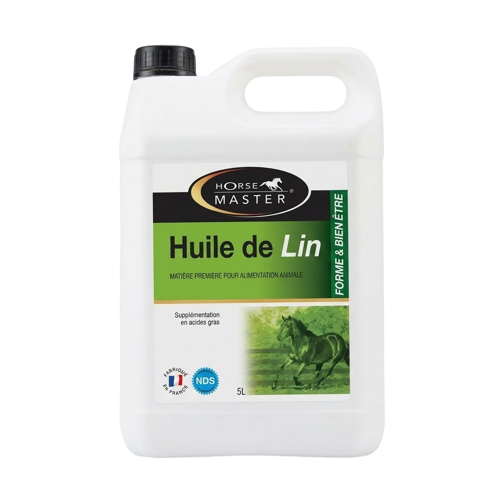 Bidon blanc de 5 Litres d'Huile de Lin Horse Master pour le poil et la digestion du cheval.