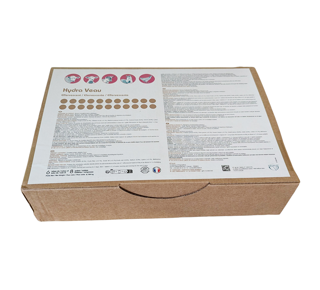 Hydra Veau Effervescent 6 tubes – galets réhydratants pour veaux, riches en électrolytes et glucose pour prévenir la déshydratation.