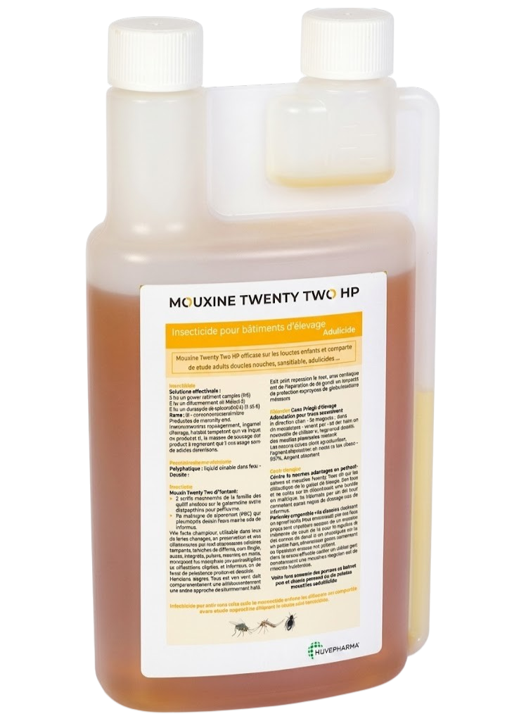 Flacon de 500 ml d'insecticide Mouxine Twenty Two pour bâtiments d'élevage, efficace contre les mouches, ténébrions et culicoïdes.