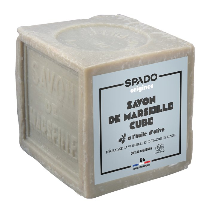 Cube authentique de 300g de Savon de Marseille à l'huile d'olive SPADO Origines Écocert.