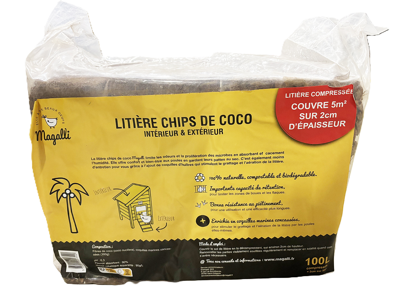 Balle compressée de 100 Litres de litière chips de coco Magalli enrichie en coquilles marines pour poulailler.